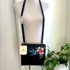 NWT - Anuschka Black Crossbody Bag with Floral and Hummingbird Design